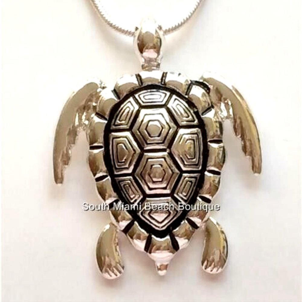 Sea Turtle Necklace Silver Plated BIG Pendant Sea Life Nautical Island Beach